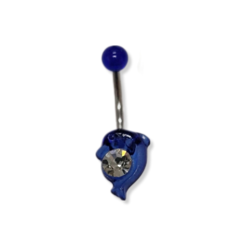 14 Gauge Stainless Steel belly button blue dolphin w/ heart crystal piercing